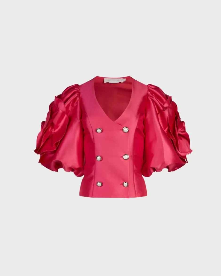 Anne Fontaine Jackets & Coats*Satin Jacket With Pearl Buttons And Large 3D Rose Sleeve Details Fuchsia