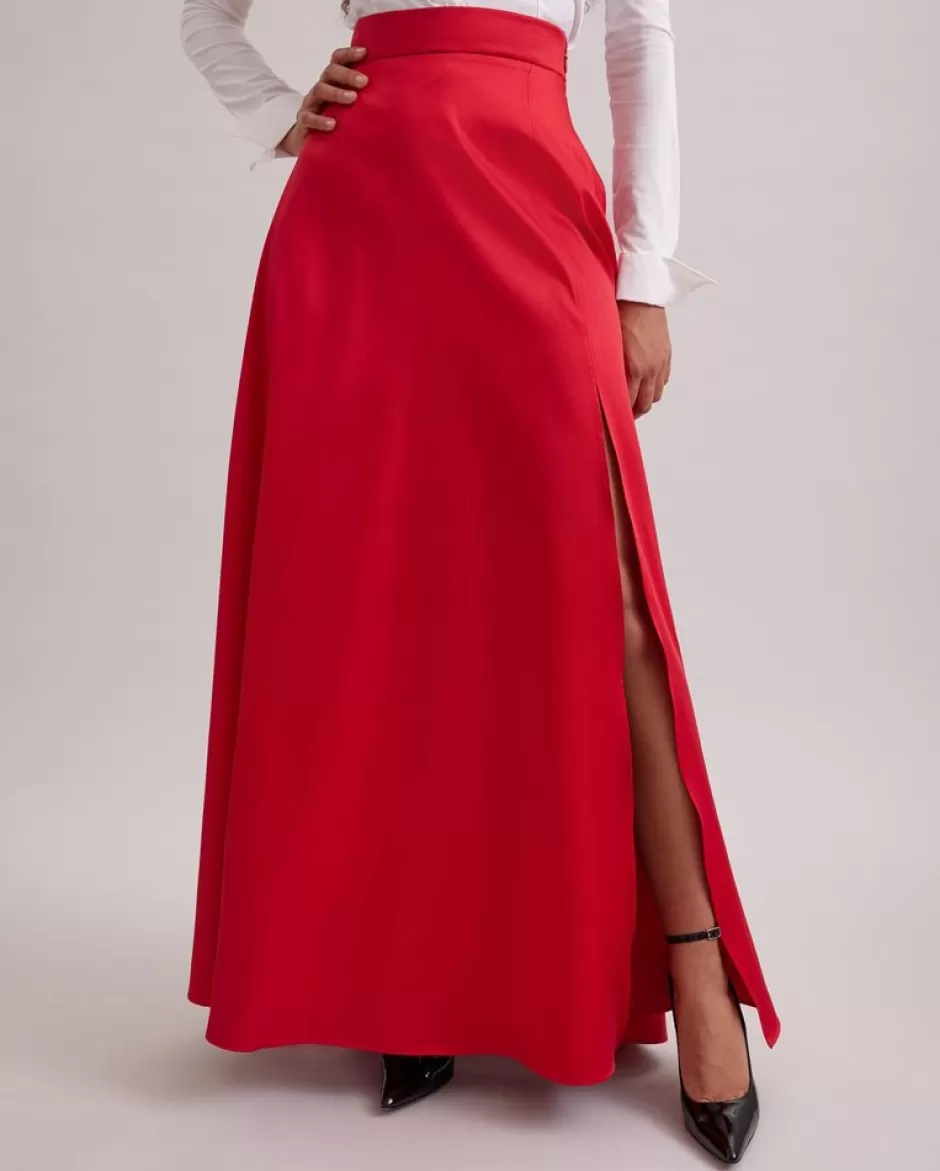 Anne Fontaine Bottoms*Satin Maxi Skirt With High Open Slit Red