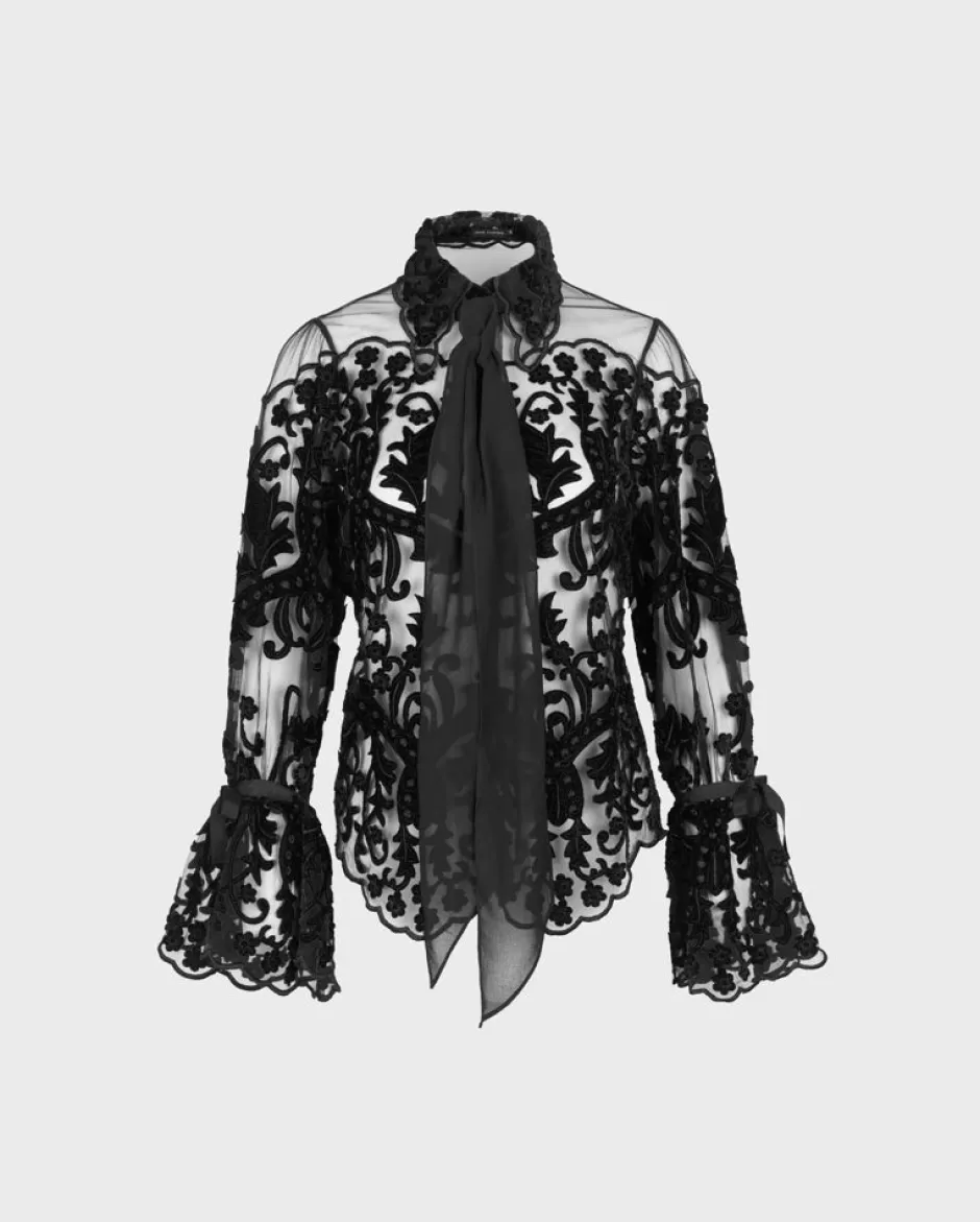 Anne Fontaine Shirts & Blouses*Semi-Sheer Embroidered Lace Shirt With Flared Sleeves Black