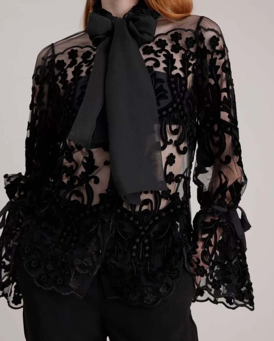 Anne Fontaine Shirts & Blouses*Semi-Sheer Embroidered Lace Shirt With Flared Sleeves Black