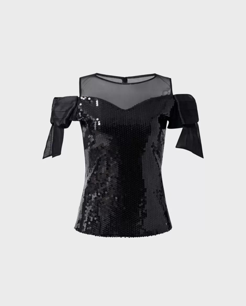 Anne Fontaine Tops*Sequined Shirt With Sheer Yoke And Open Shoulder Black