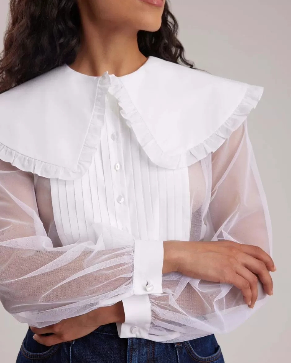 Anne Fontaine The White Shirt*Sheer Long Sleeve Shirt With Puritan Collar And Poplin Box Pleated Placket White