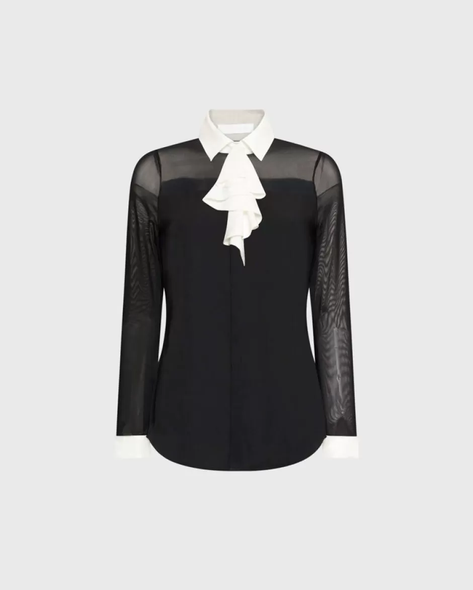 Anne Fontaine Shirts & Blouses*Sheer Sleeve Short With Removable Jabot Neck Tie Black/White