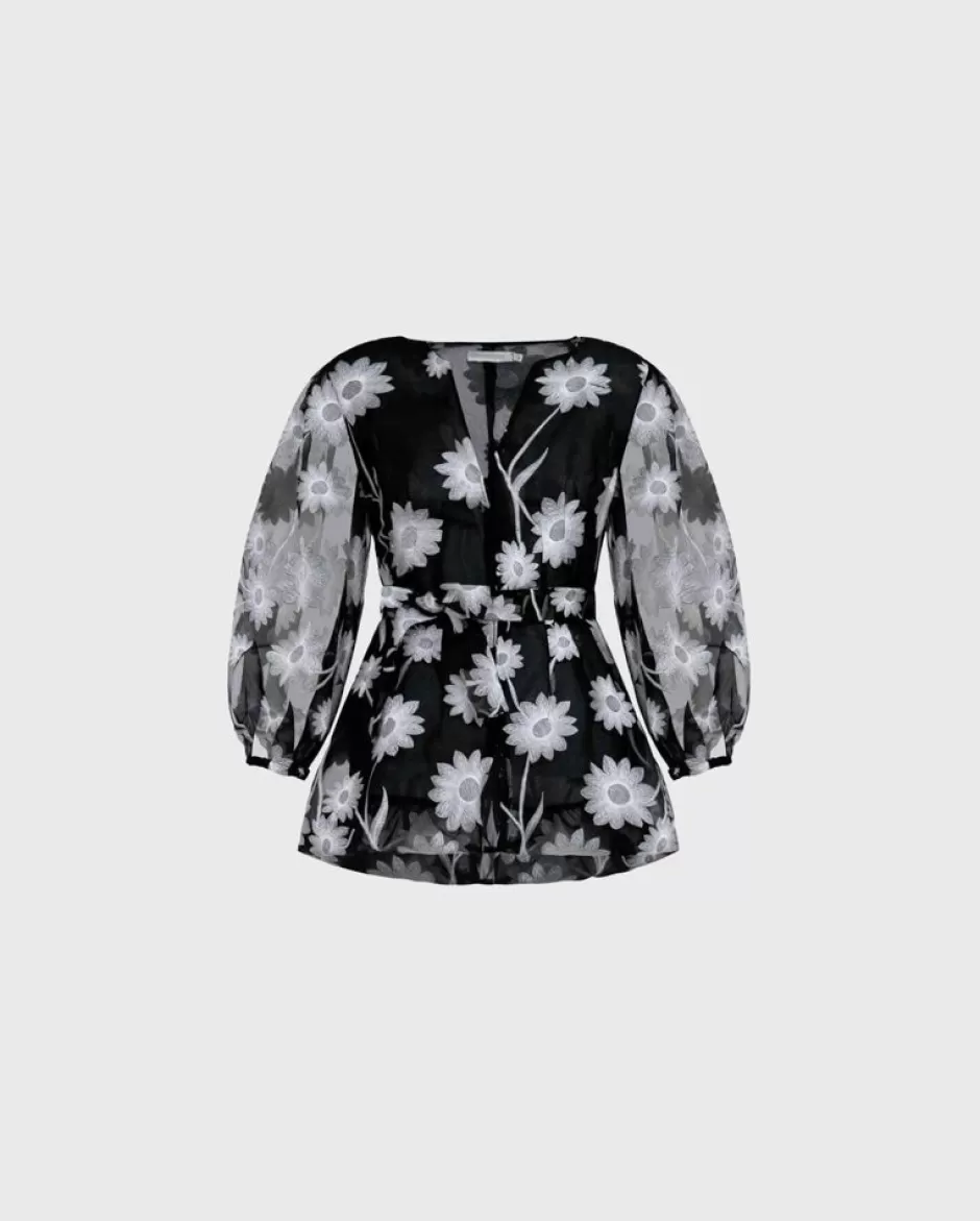 Anne Fontaine Shirts & Blouses*Silk Black Shirt With Embroidered Flowers Black/White