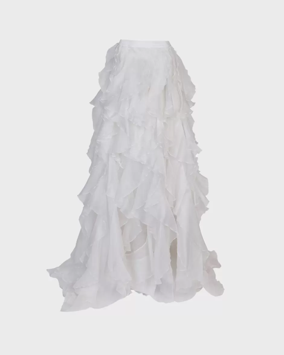 Anne Fontaine Bottoms*Silk Organza Ruffle Layered Maxi Skirt With High Slit White