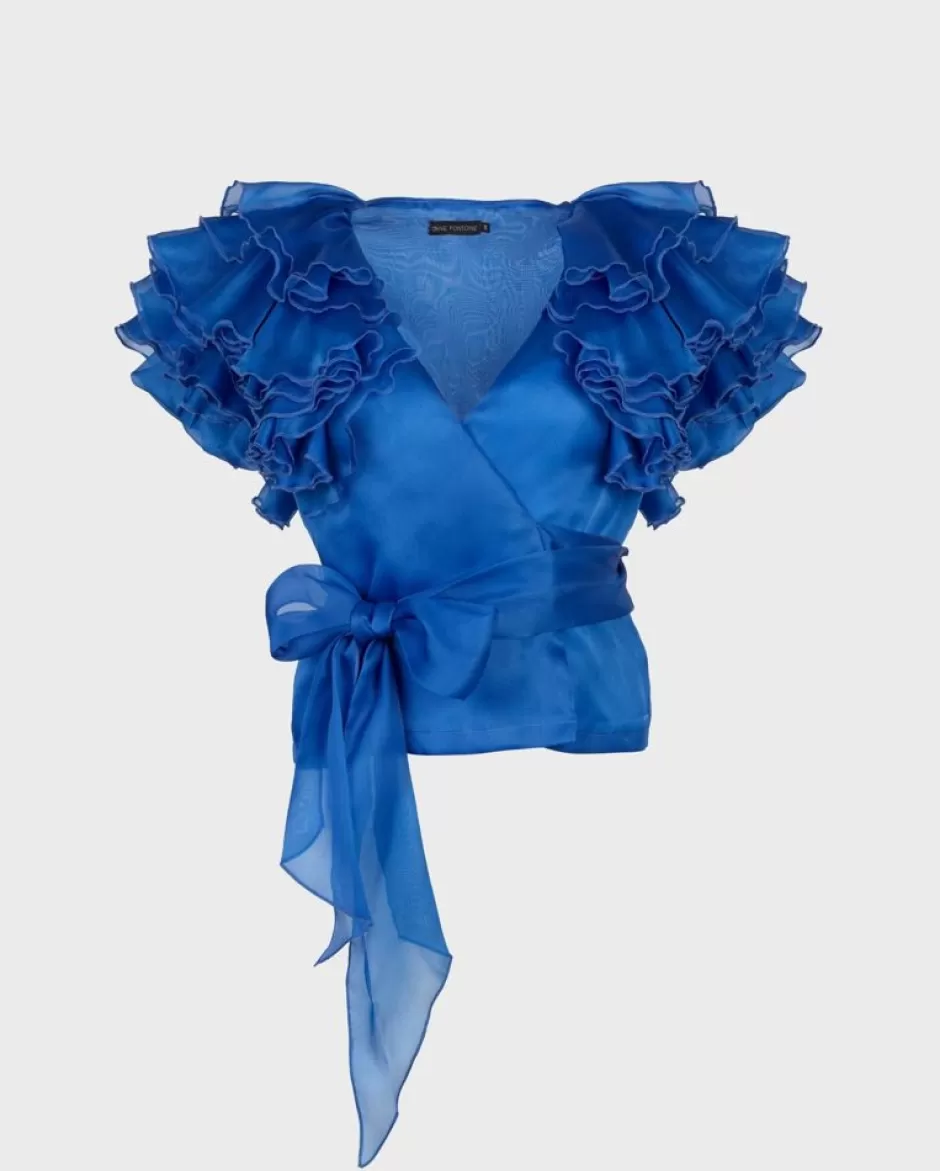 Anne Fontaine Shirts & Blouses*Silk Organza Wrap Blouse With Layered Ruffle Sleeves Blue