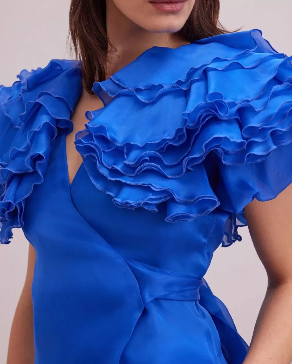 Anne Fontaine Shirts & Blouses*Silk Organza Wrap Blouse With Layered Ruffle Sleeves Blue