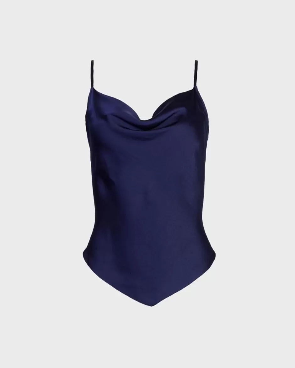 Anne Fontaine Tops*Sleeveless Blue Satin Top With Handkerchief Hem Dark Navy