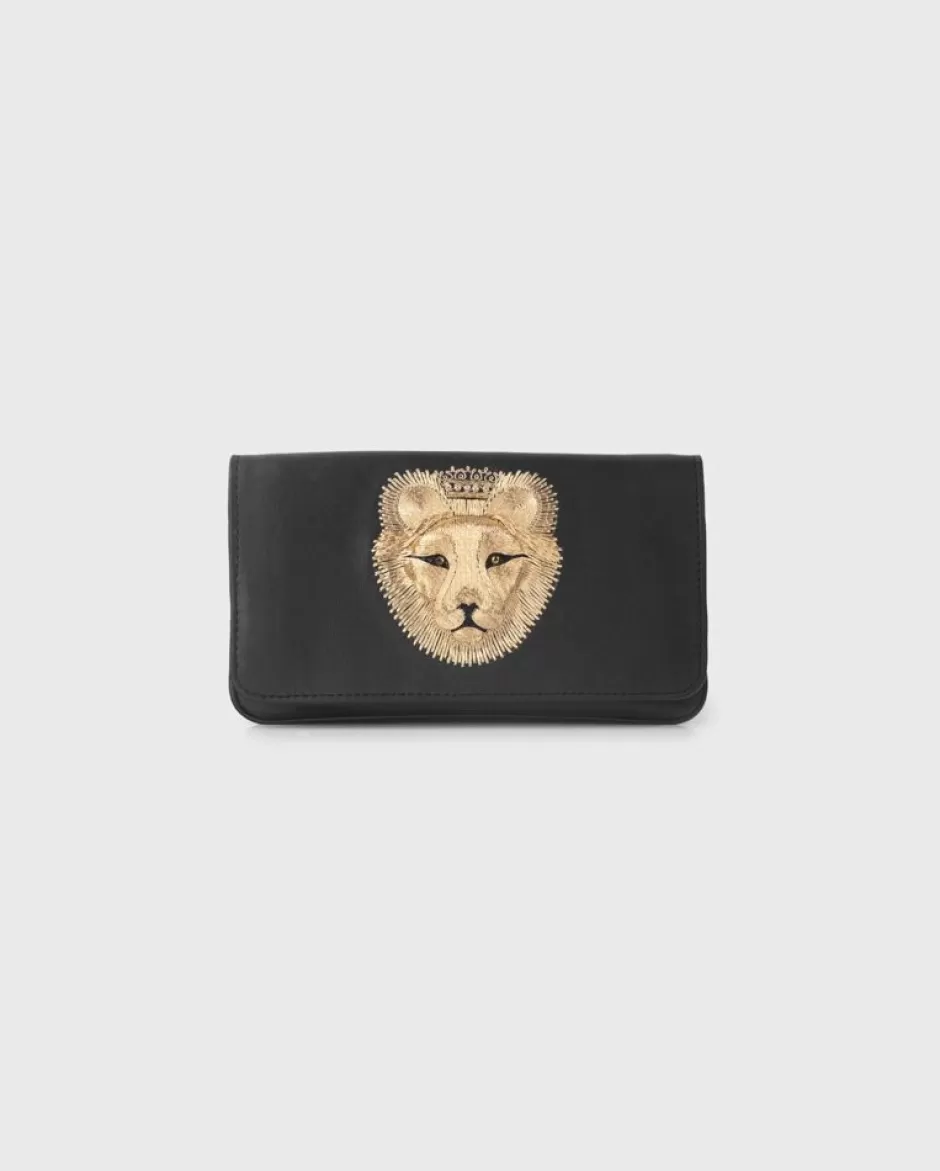 Anne Fontaine Crossbody Bags*Small Black Leather Bag With Embroidered Lion'S Face In Gold