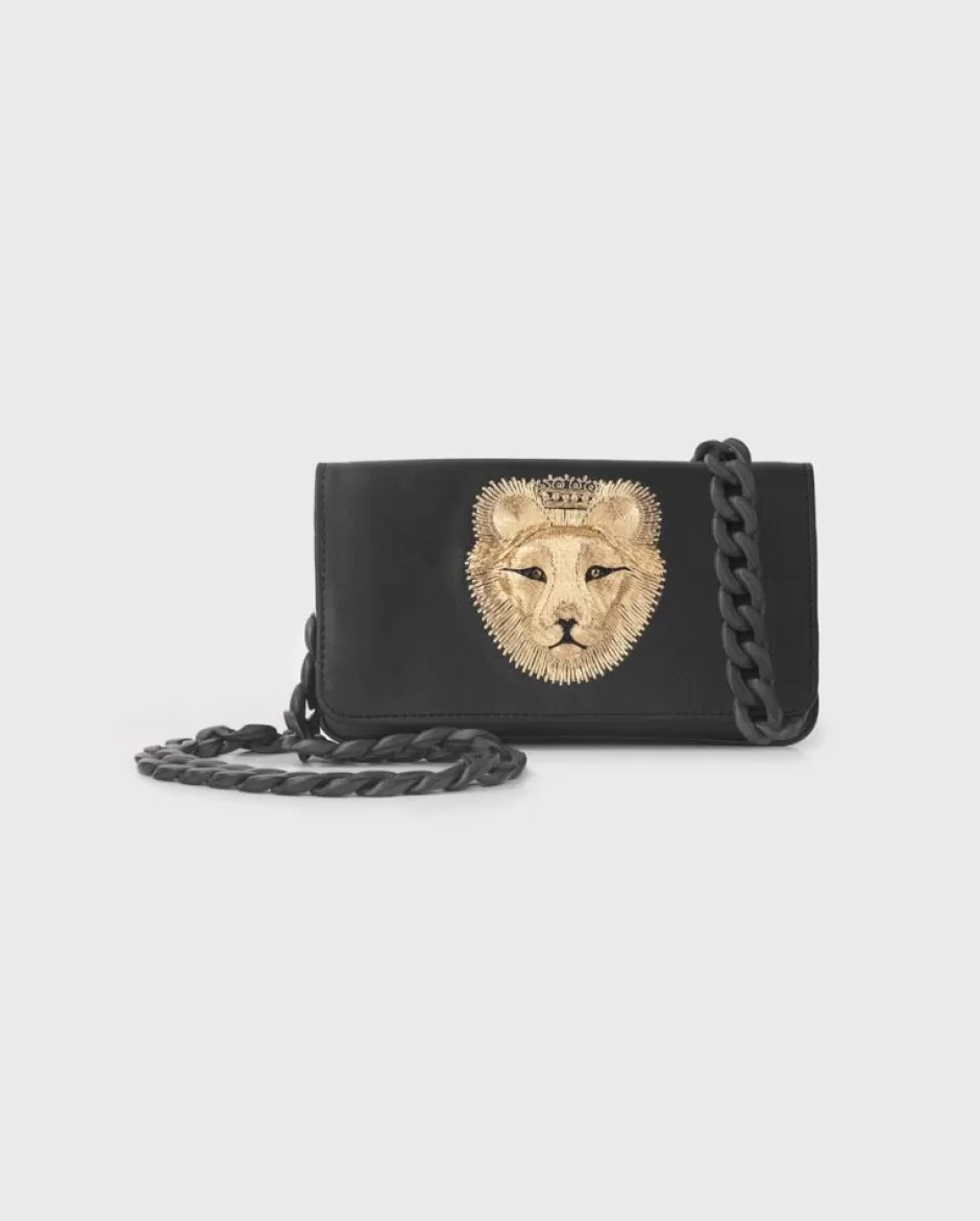 Anne Fontaine Crossbody Bags*Small Black Leather Bag With Embroidered Lion'S Face In Gold