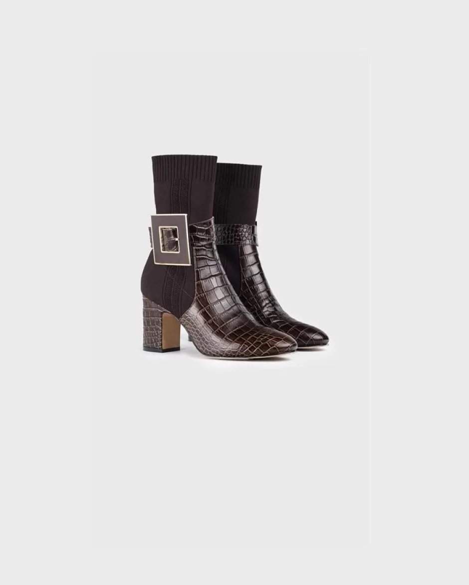 Anne Fontaine Boots*Sock Boots With Croc-Embossed Details And Removeable Buckle Brown