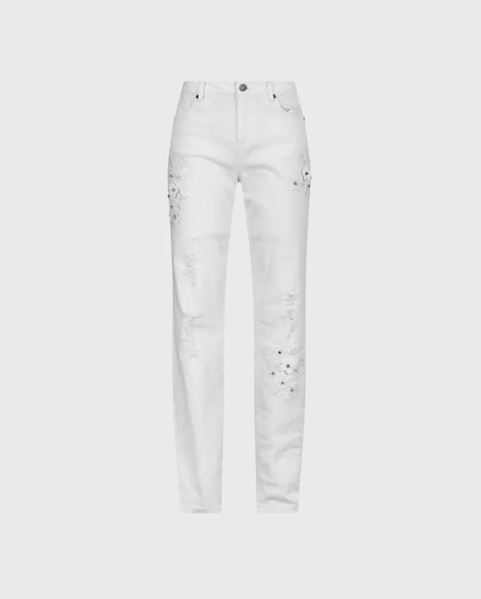 Anne Fontaine Bottoms*Stretch Denim Jeans With Embroidered And Jeweled Flowers White