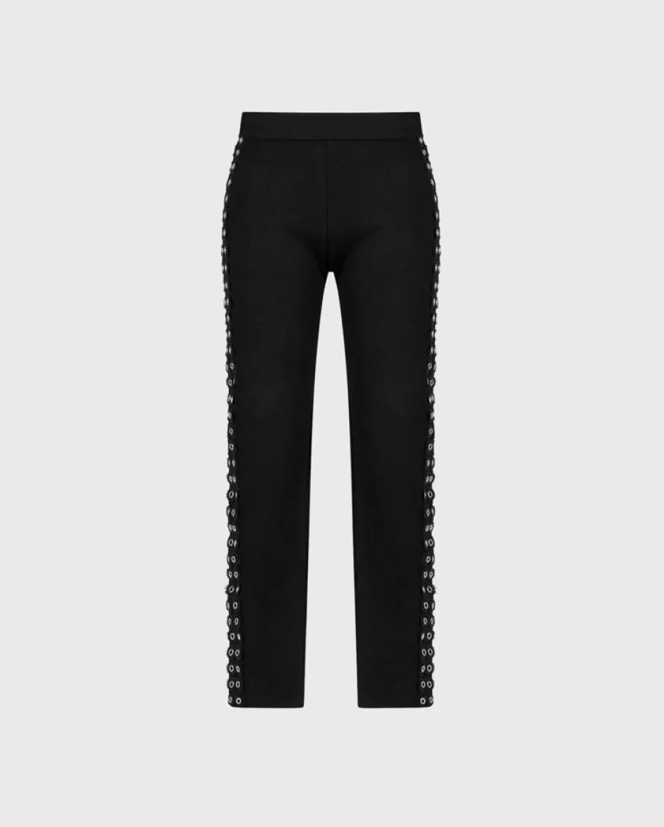 Anne Fontaine Bottoms*Stretchy Milano Leggings With Silver Grommet And Lace Details Black