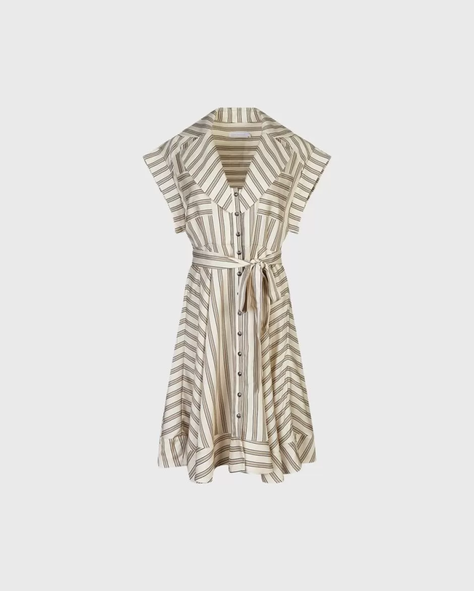 Anne Fontaine Dresses*Striped Swing Dress With Deep V Neckline Beige