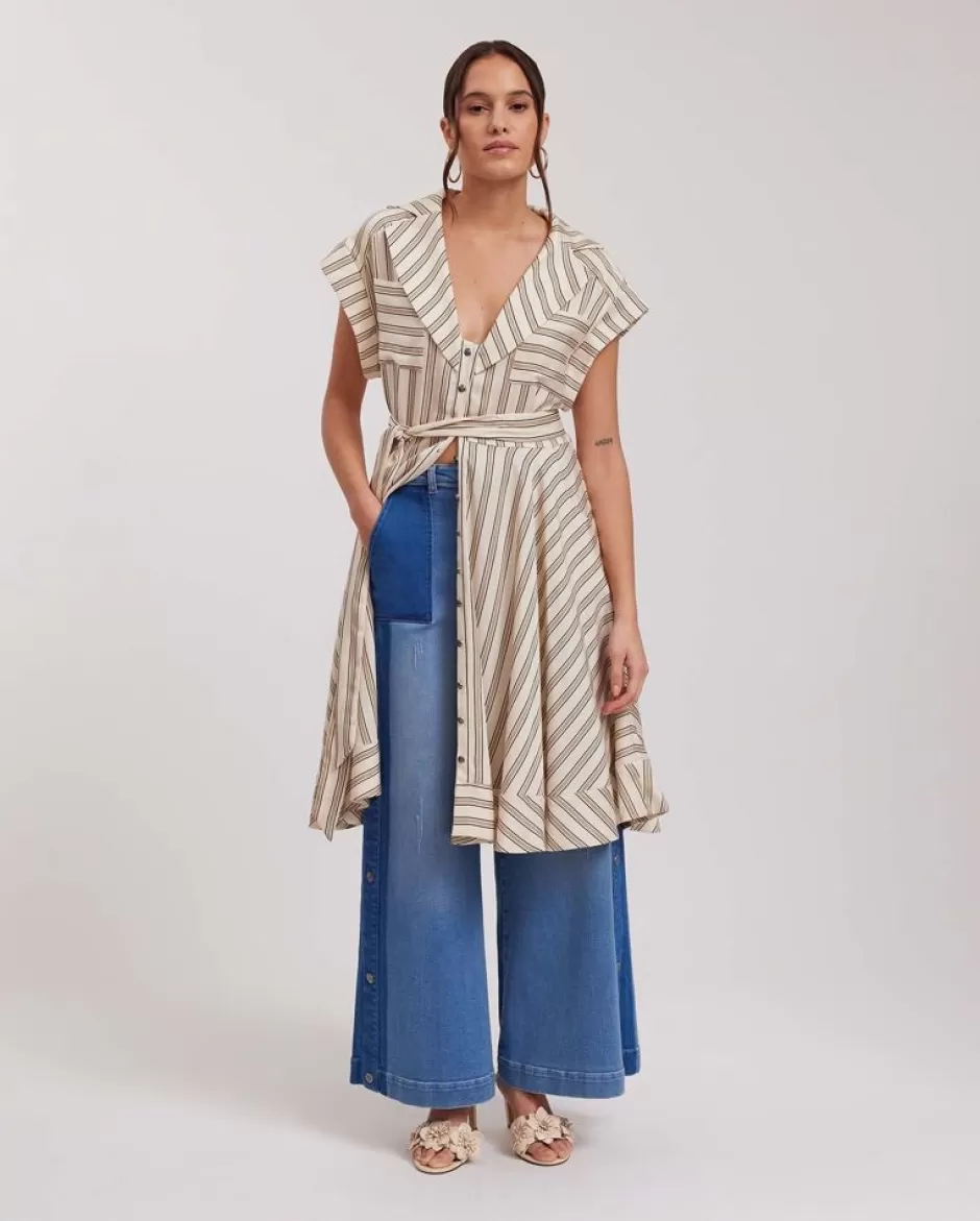 Anne Fontaine Dresses*Striped Swing Dress With Deep V Neckline Beige