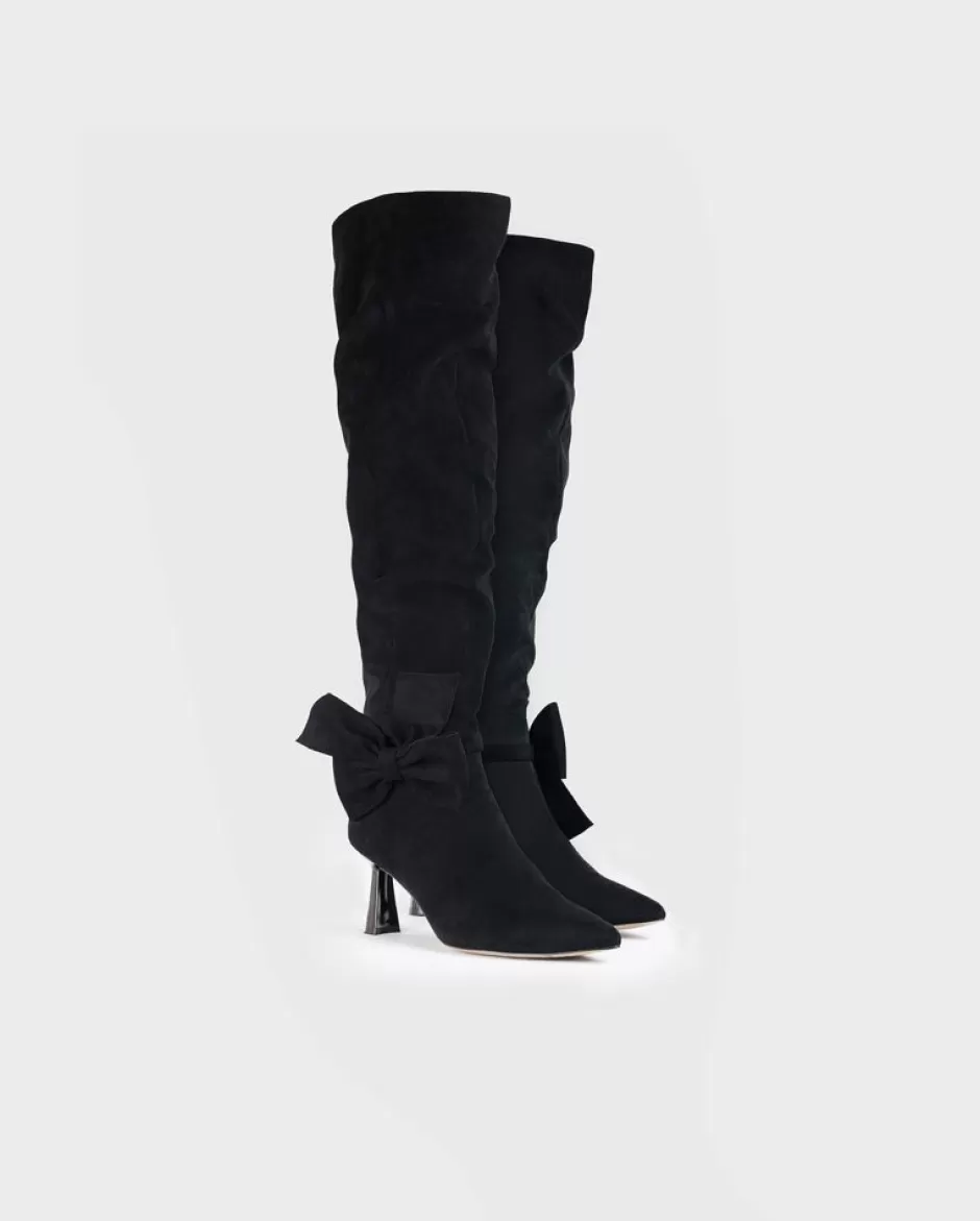 Anne Fontaine Boots*Suede Knee High Boot With Removable Bow Black