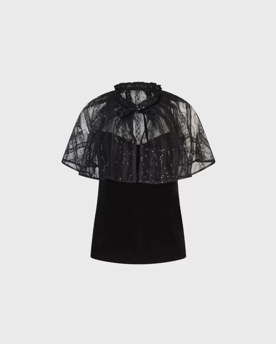 Anne Fontaine Tops*Velvet Tank Top With Attached Lace Cape Black