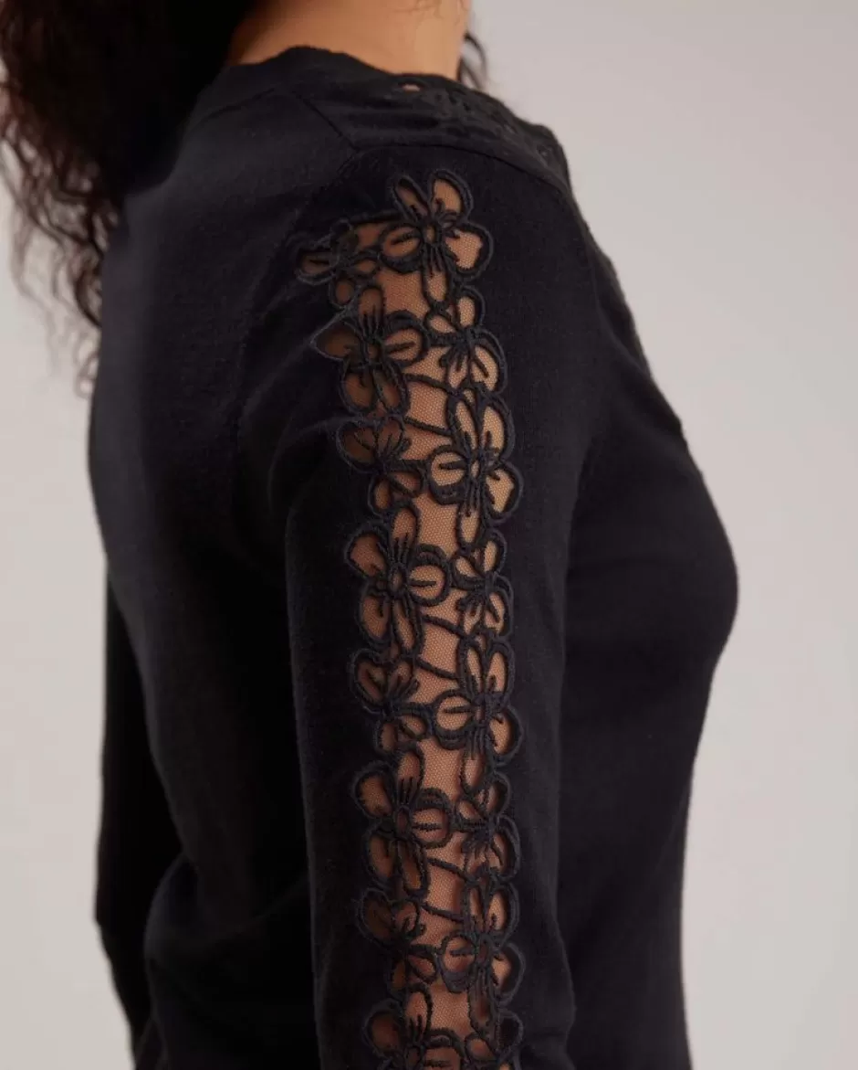 Anne Fontaine Knitwear*V-Neck Knit Sweater With Sheer Floral Lace Detailing Black