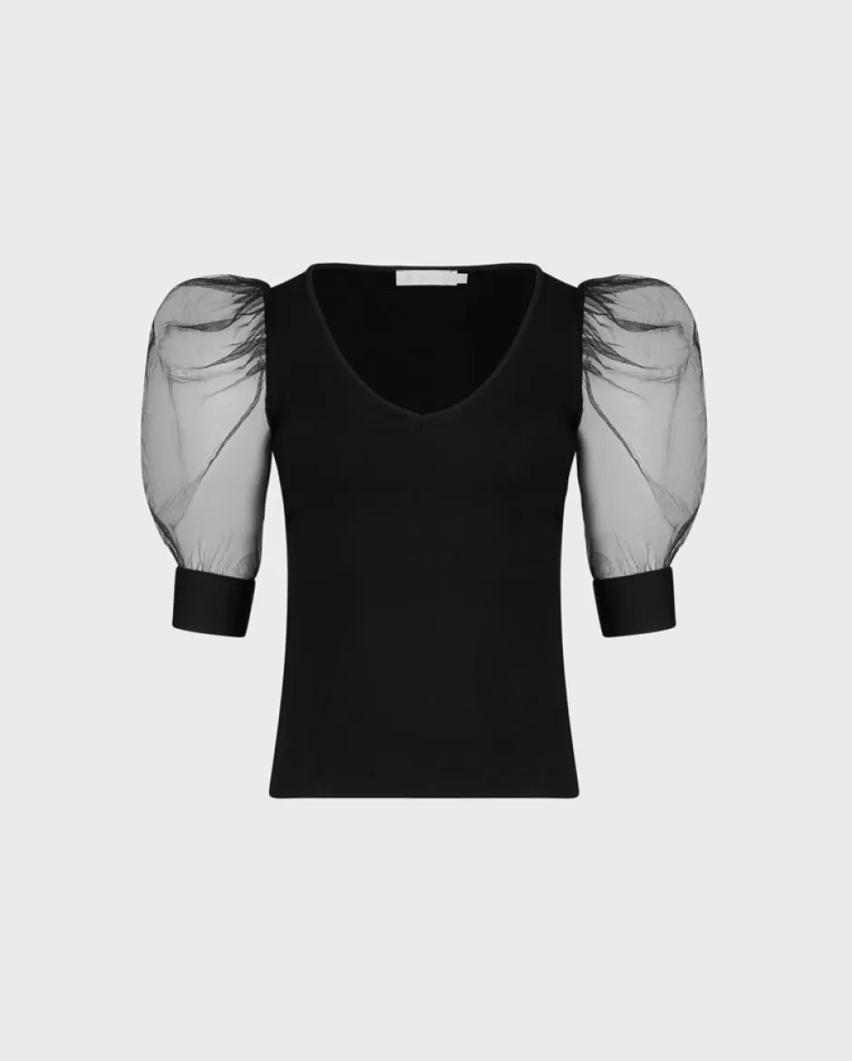 Anne Fontaine Tops*V-Neck Top With Sheer Mesh Sleeves Black