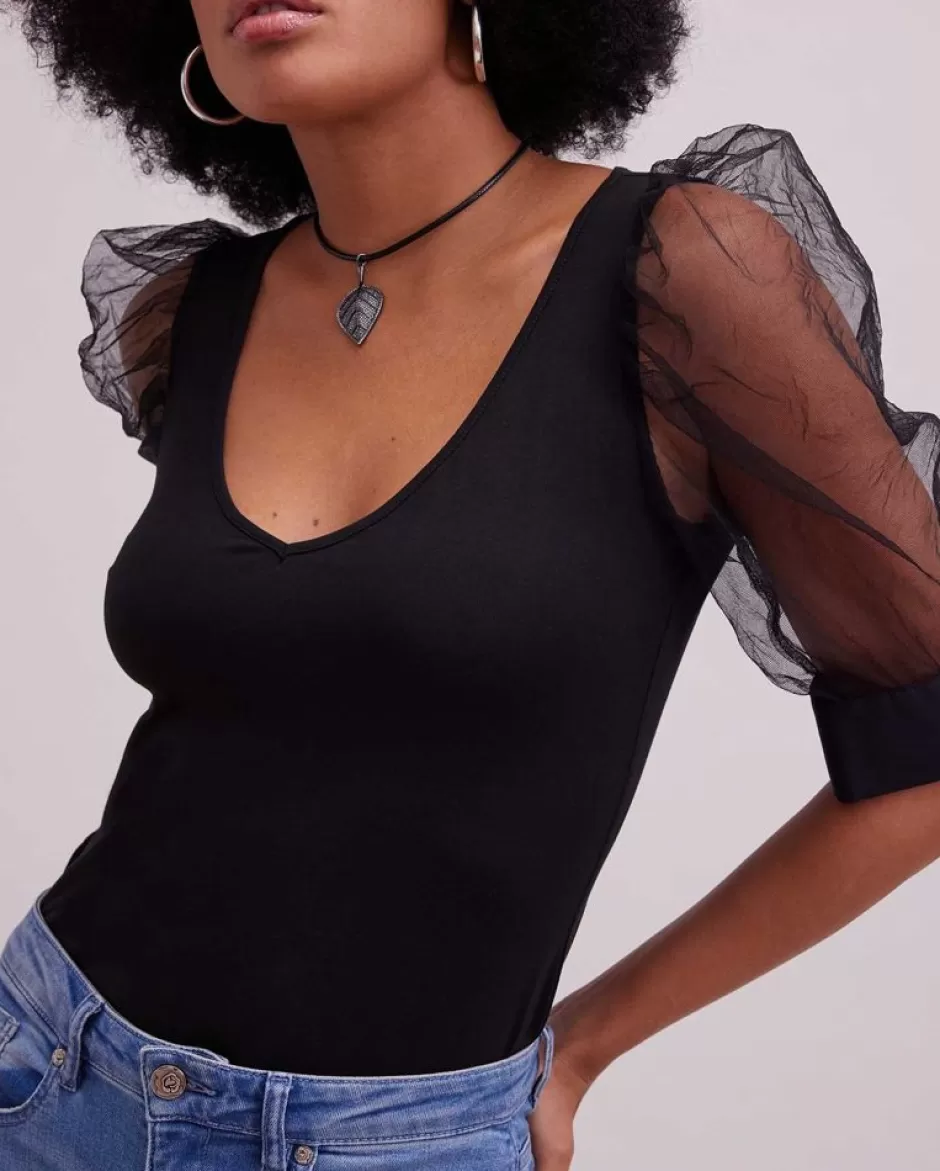 Anne Fontaine Tops*V-Neck Top With Sheer Mesh Sleeves Black