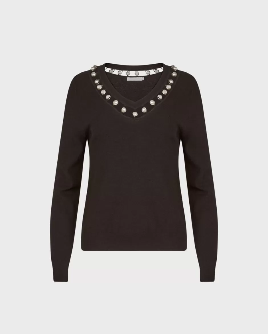 Anne Fontaine Knitwear*Waffle Knit Pullover With V-Neckline Framed With Pearls Black