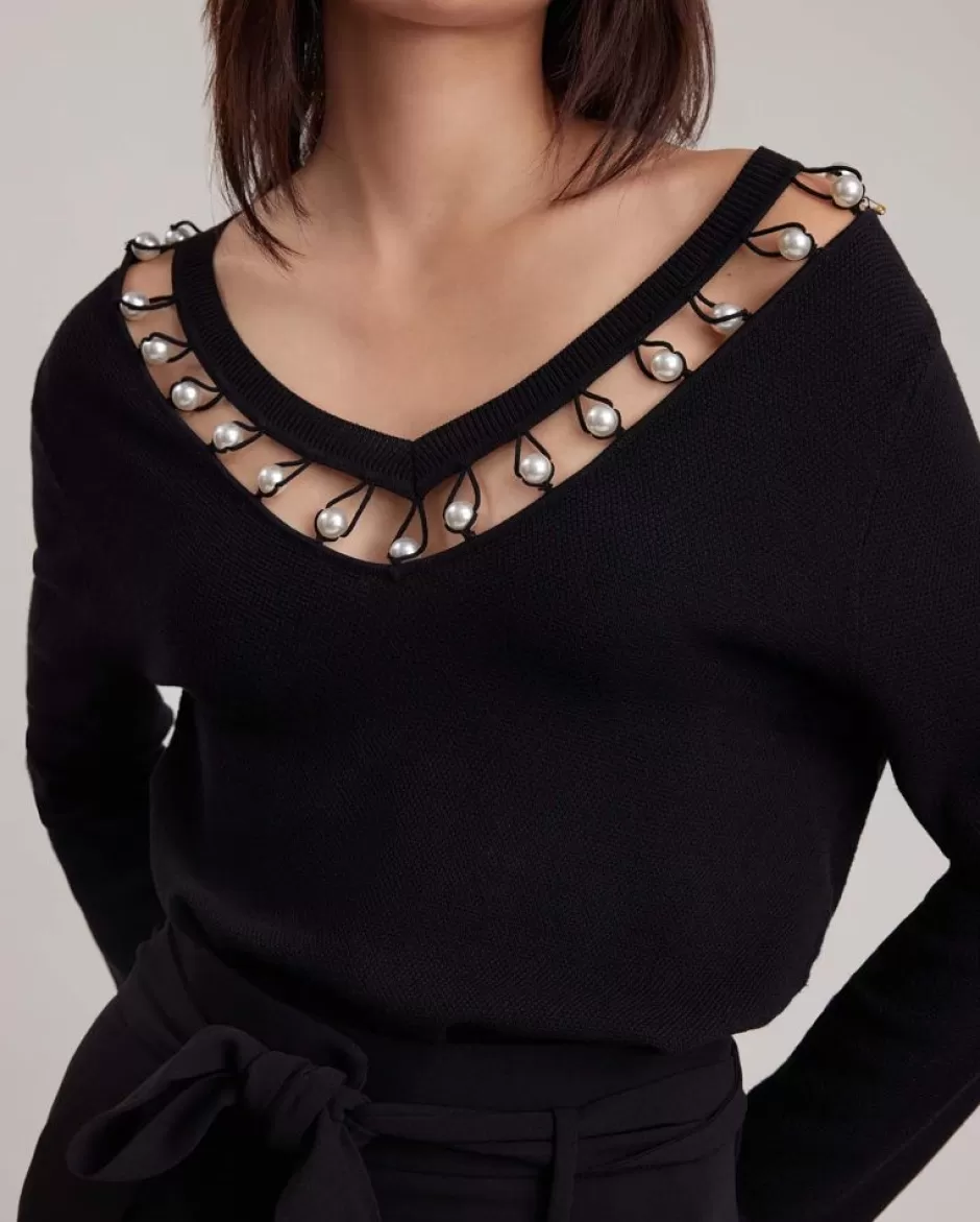 Anne Fontaine Knitwear*Waffle Knit Pullover With V-Neckline Framed With Pearls Black