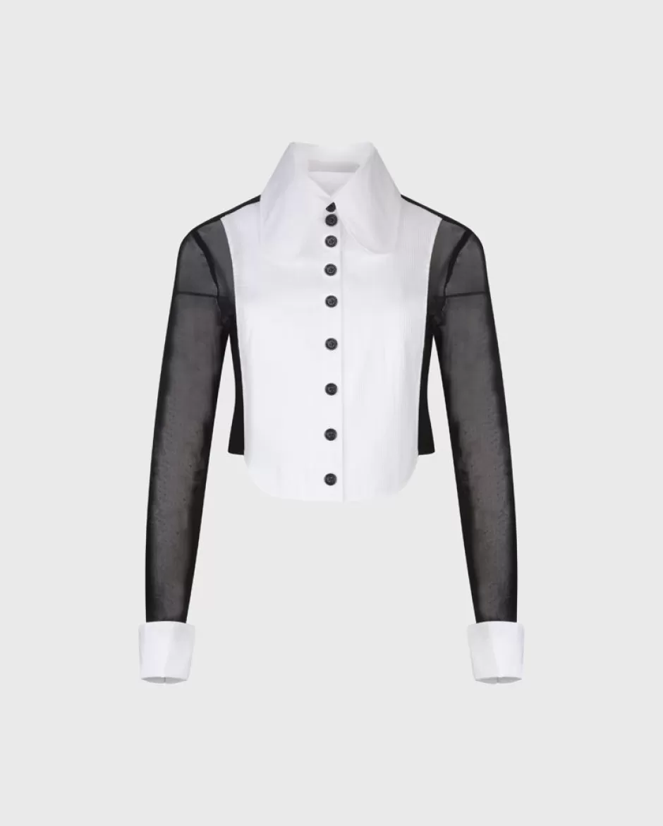 Anne Fontaine Shirts & Blouses*White Cropped Tuxedo Shirt With Black Mesh Sleeves Black/White