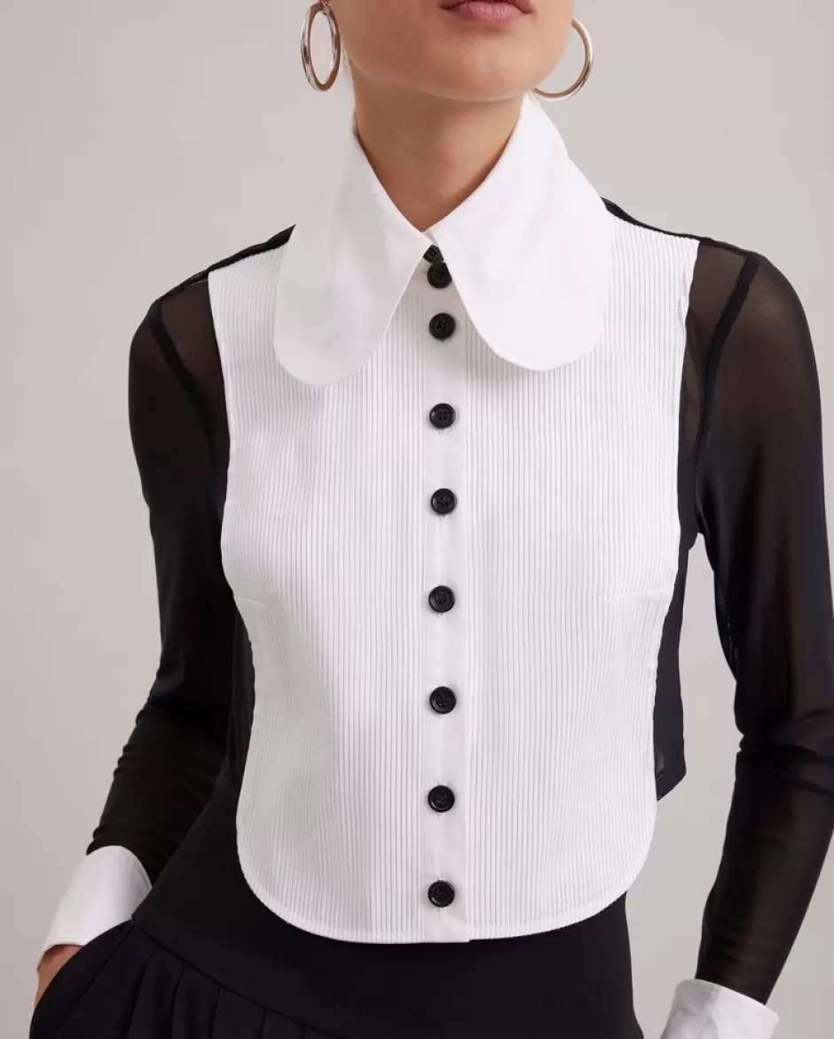 Anne Fontaine Shirts & Blouses*White Cropped Tuxedo Shirt With Black Mesh Sleeves Black/White