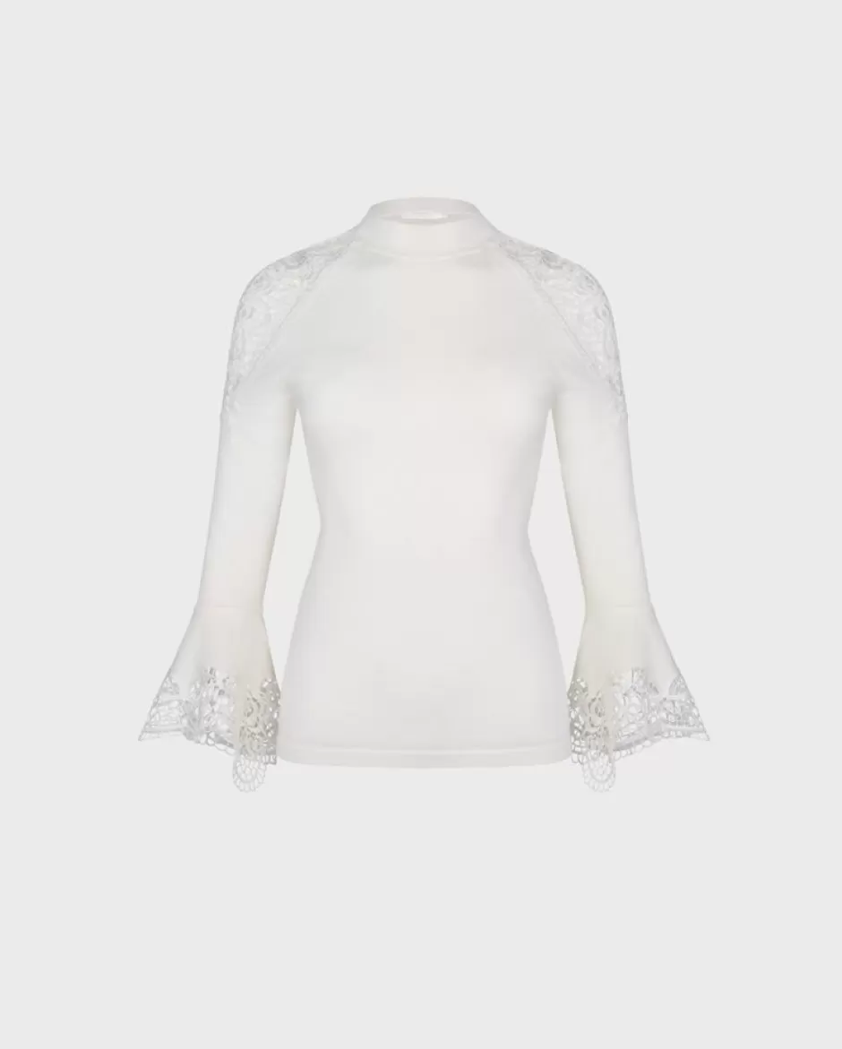 Anne Fontaine Knitwear*White Knit Jumper With Bell Sleeves & Floral Lace Details Moon White