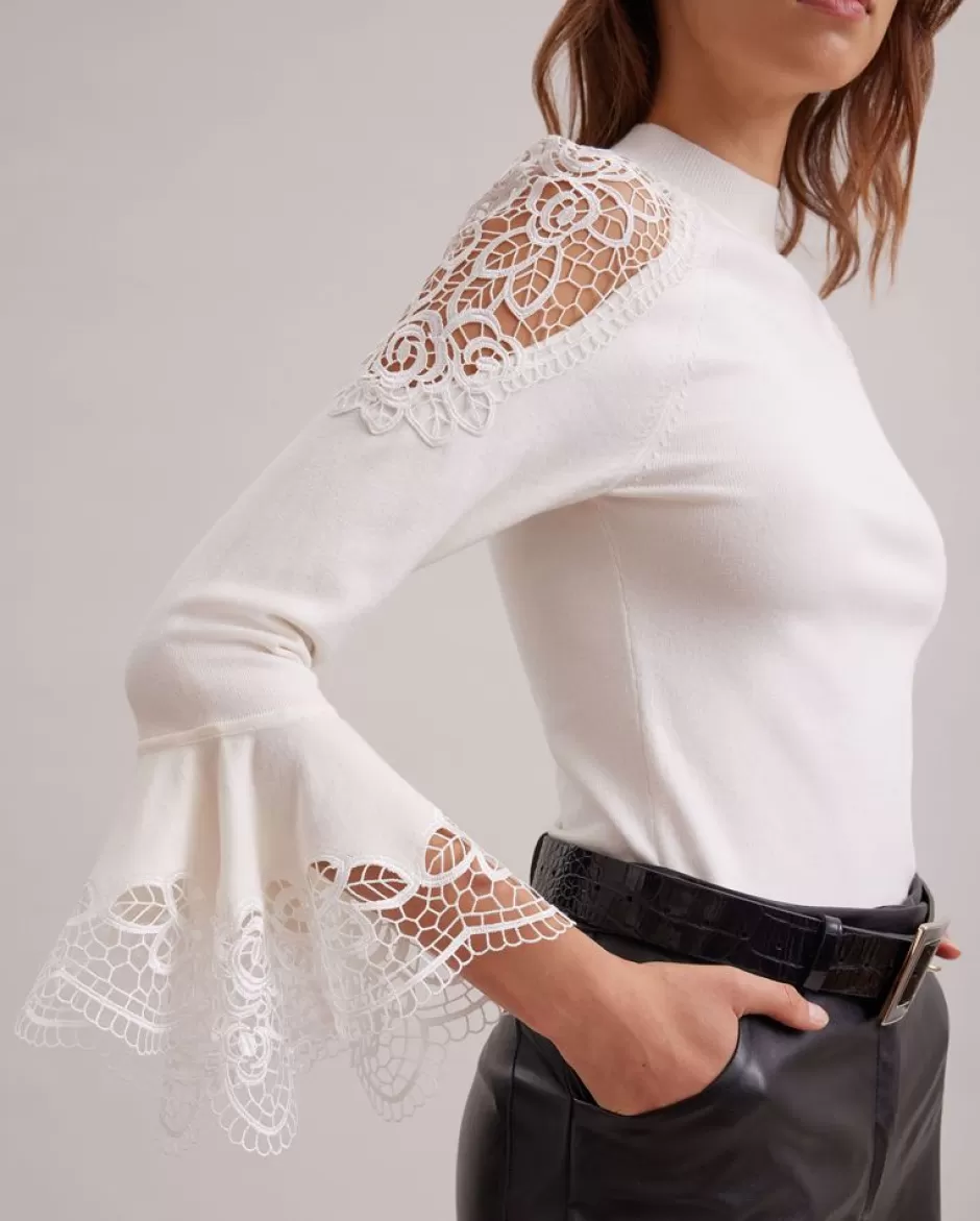 Anne Fontaine Knitwear*White Knit Jumper With Bell Sleeves & Floral Lace Details Moon White