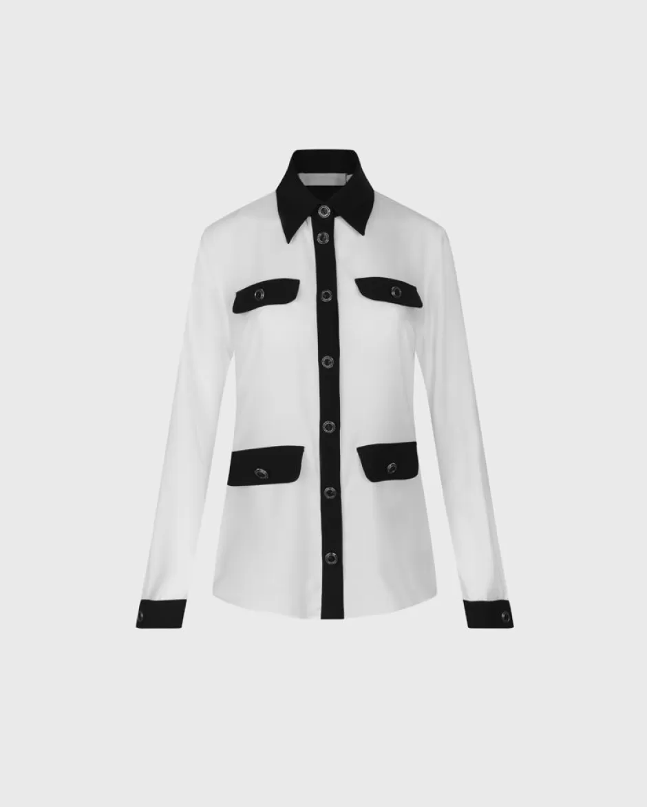 Anne Fontaine The White Shirt*White Long Sleeve Shirt With Black Contrast Trim & Large Buttons Black/White