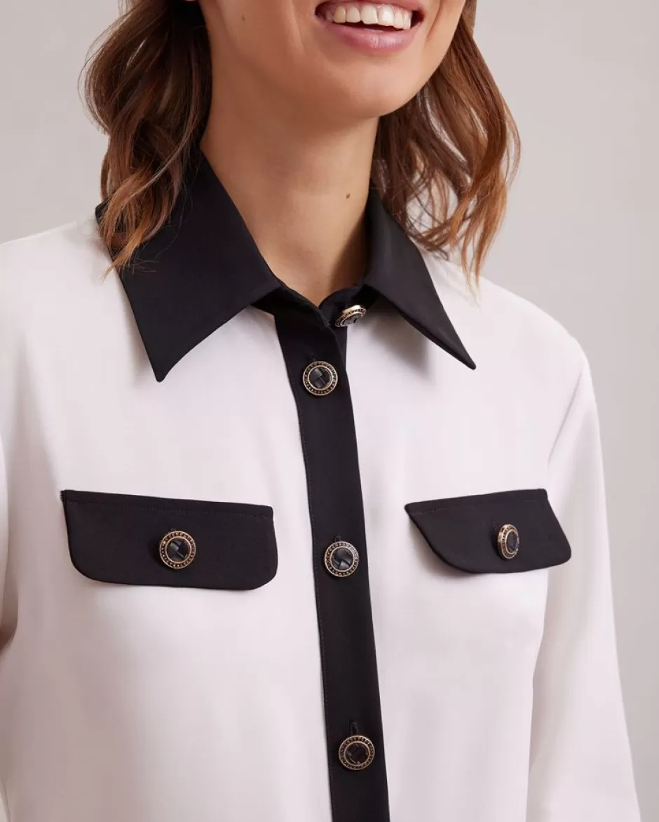 Anne Fontaine The White Shirt*White Long Sleeve Shirt With Black Contrast Trim & Large Buttons Black/White