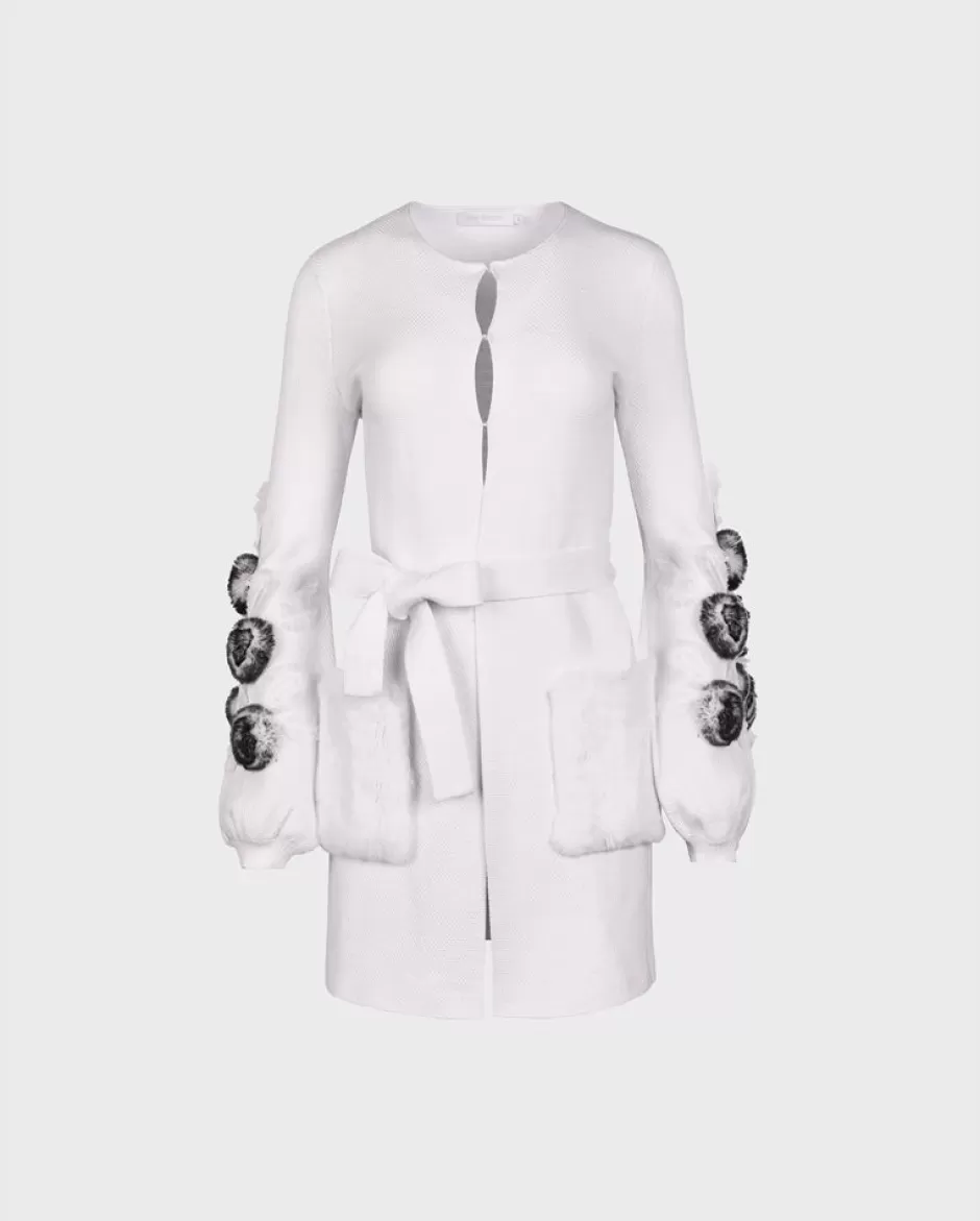 Anne Fontaine Knitwear*White Waffle Knit Cardigan With Blouson Sleeves And Floral Detailing Moon White