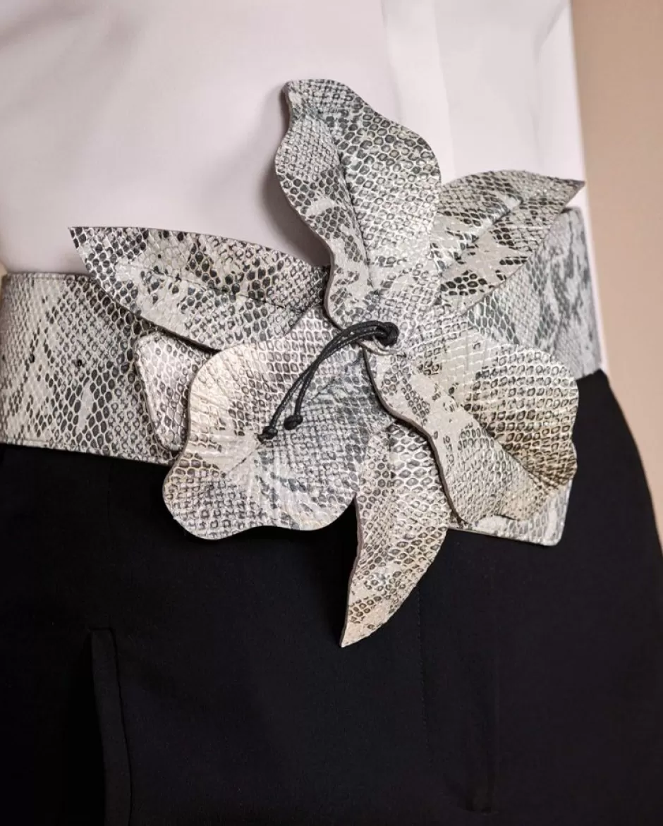 Anne Fontaine Belts*Wide Belt With An Oversized Hand Placed Flower Grey