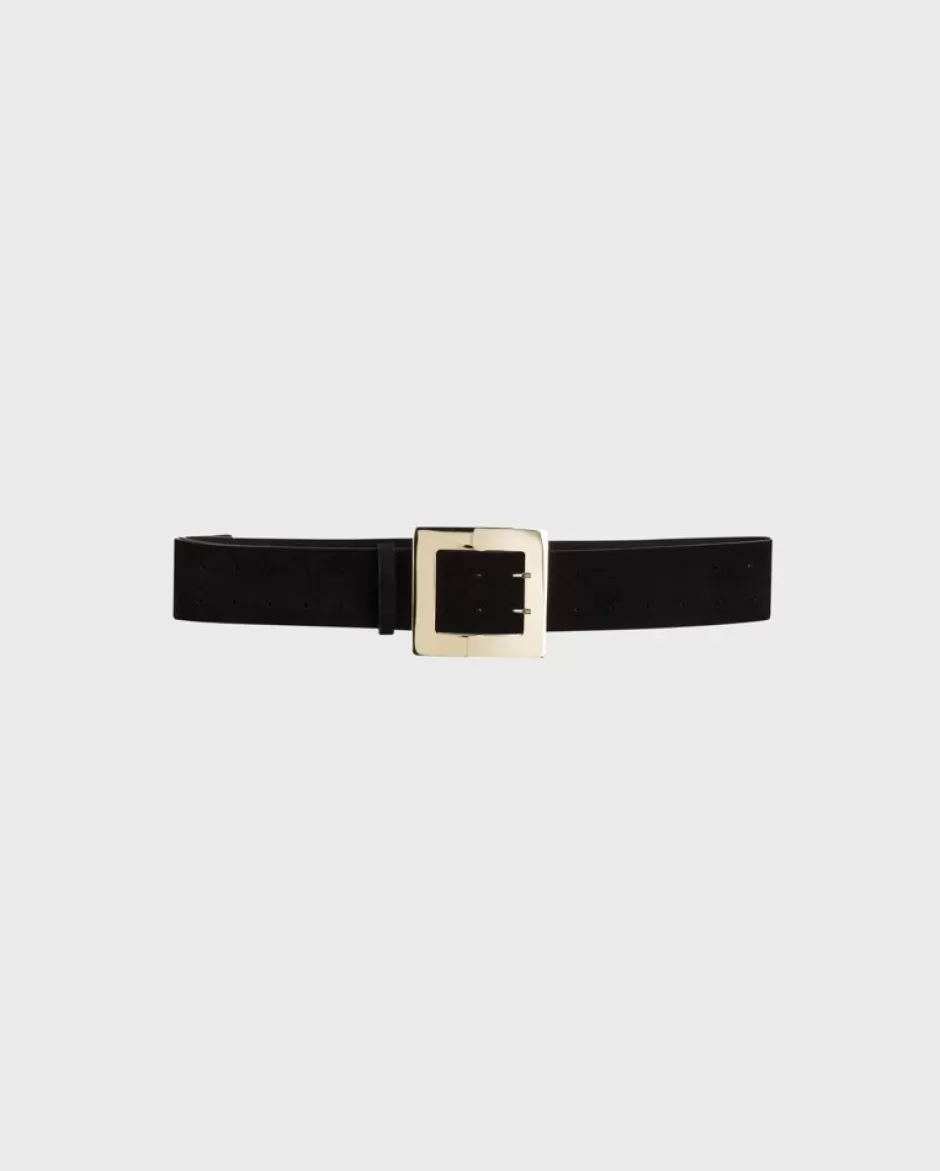 Anne Fontaine Belts*Wide Black Suede Belt With Statement Gold Buckle