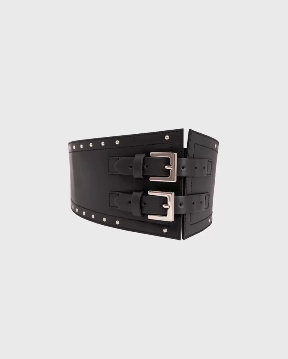 Anne Fontaine Belts*Wide Leather Belt Decorated With Metallic Studs Black