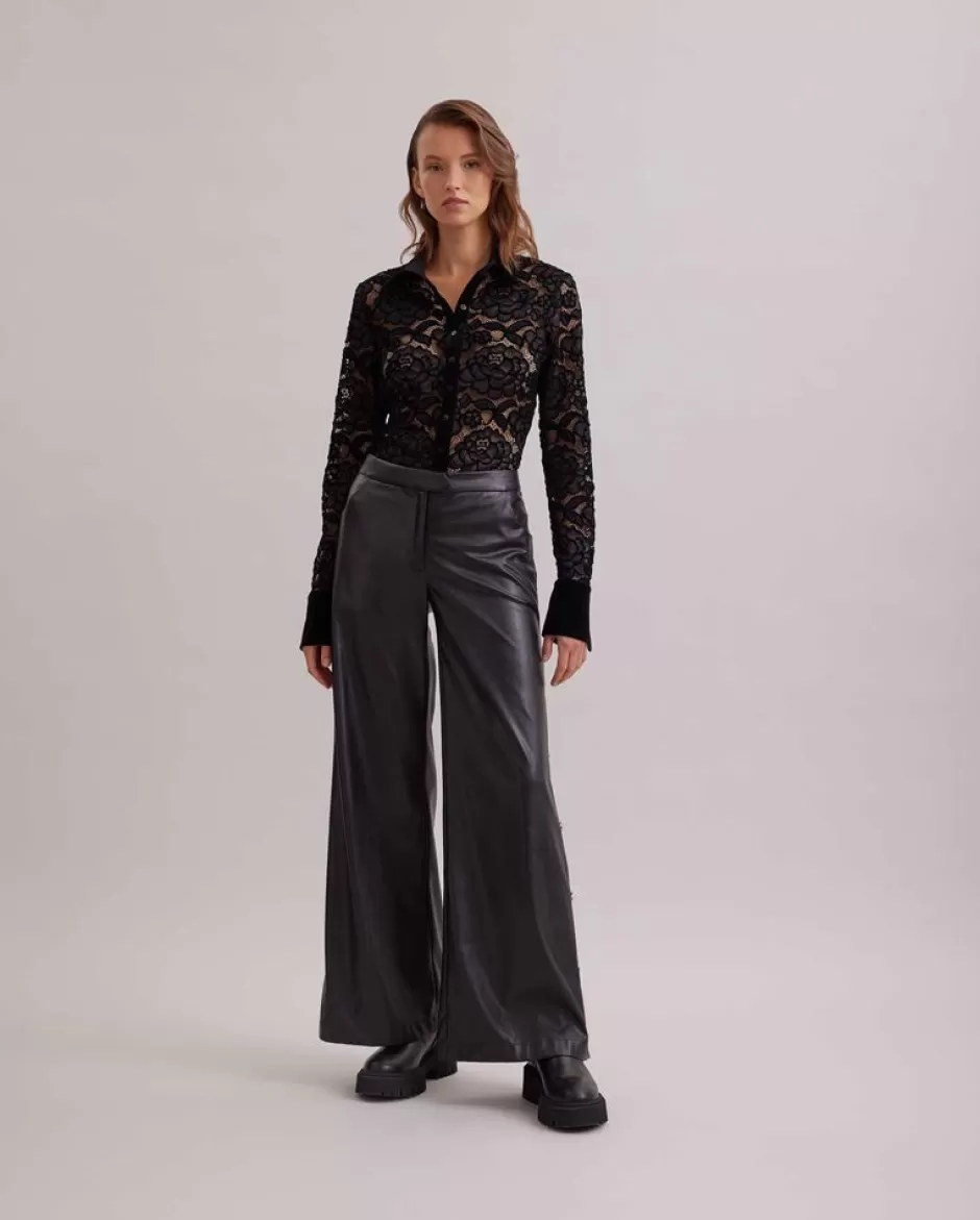 Anne Fontaine Bottoms*Wide Leg Faux Leather Pant Featuring Side Snap Details Black