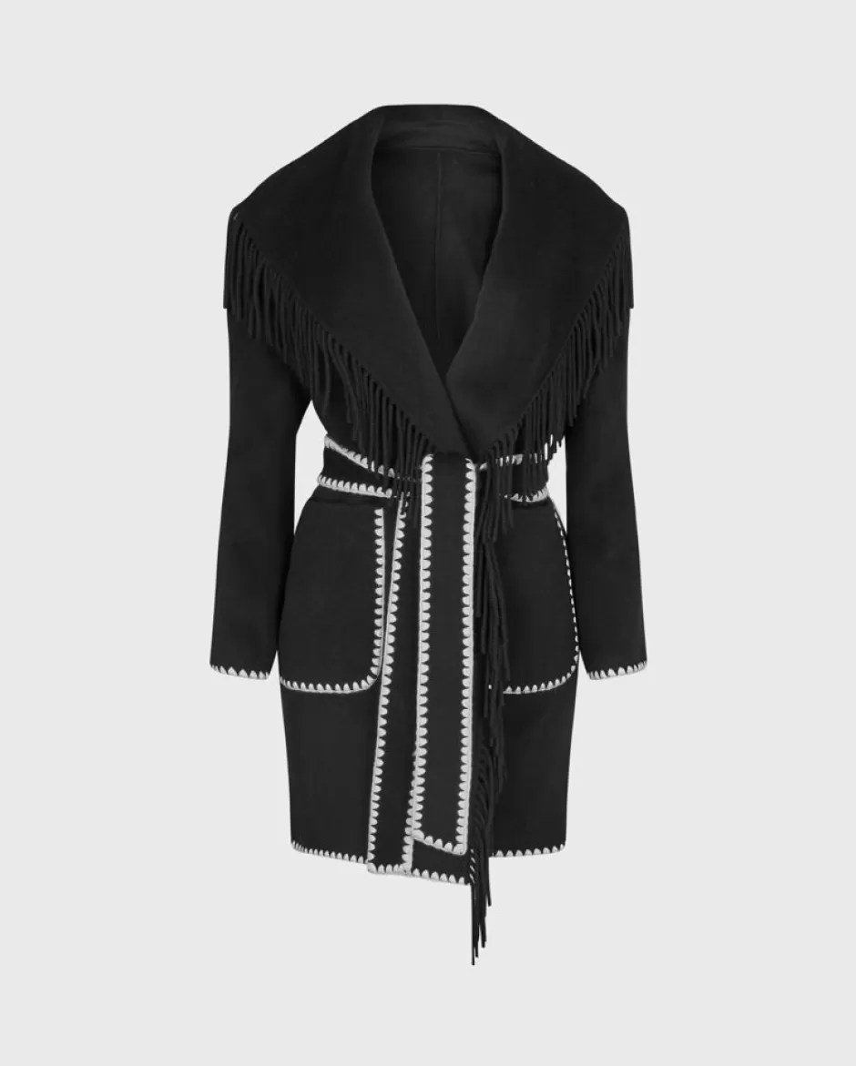 Anne Fontaine Knitwear*Wool Coat With Fringe Collar And Geometric Contrasting Stitch Black