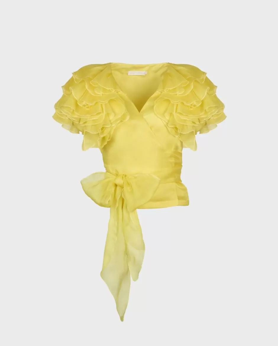 Anne Fontaine Shirts & Blouses*Yellow Silk Organza Wrap Blouse With Layered Ruffle Sleeves Jonquille