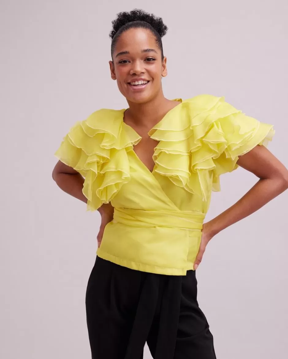 Anne Fontaine Shirts & Blouses*Yellow Silk Organza Wrap Blouse With Layered Ruffle Sleeves Jonquille